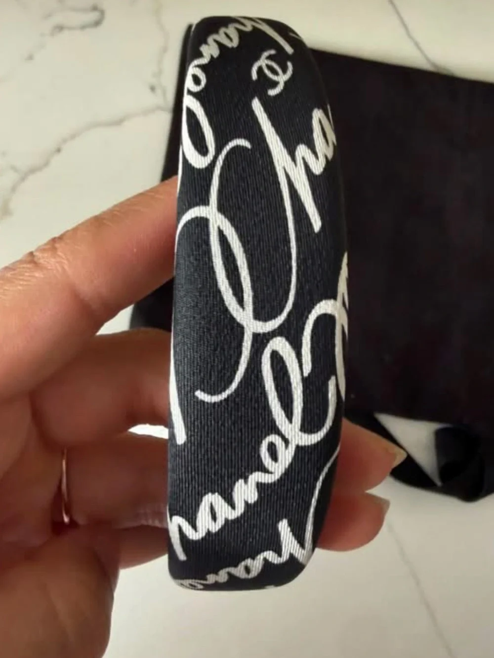 CHANEL Black and White Satin Logo Headband